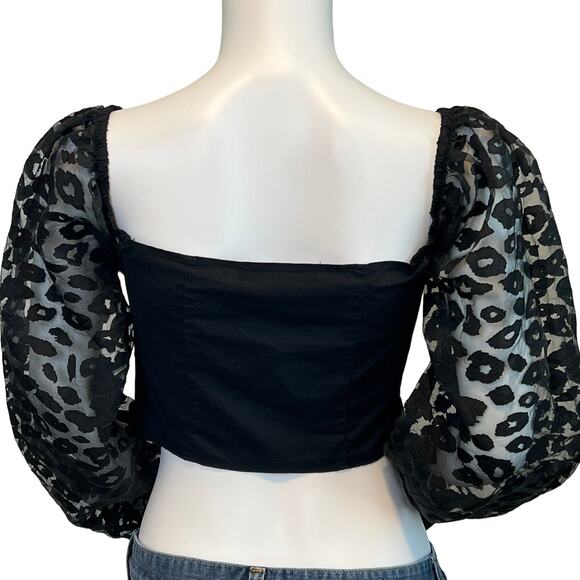 Women's Zara Contrasting Animal Print Organza Puff Sleeve Crop Top Black - Picture 7 of 13